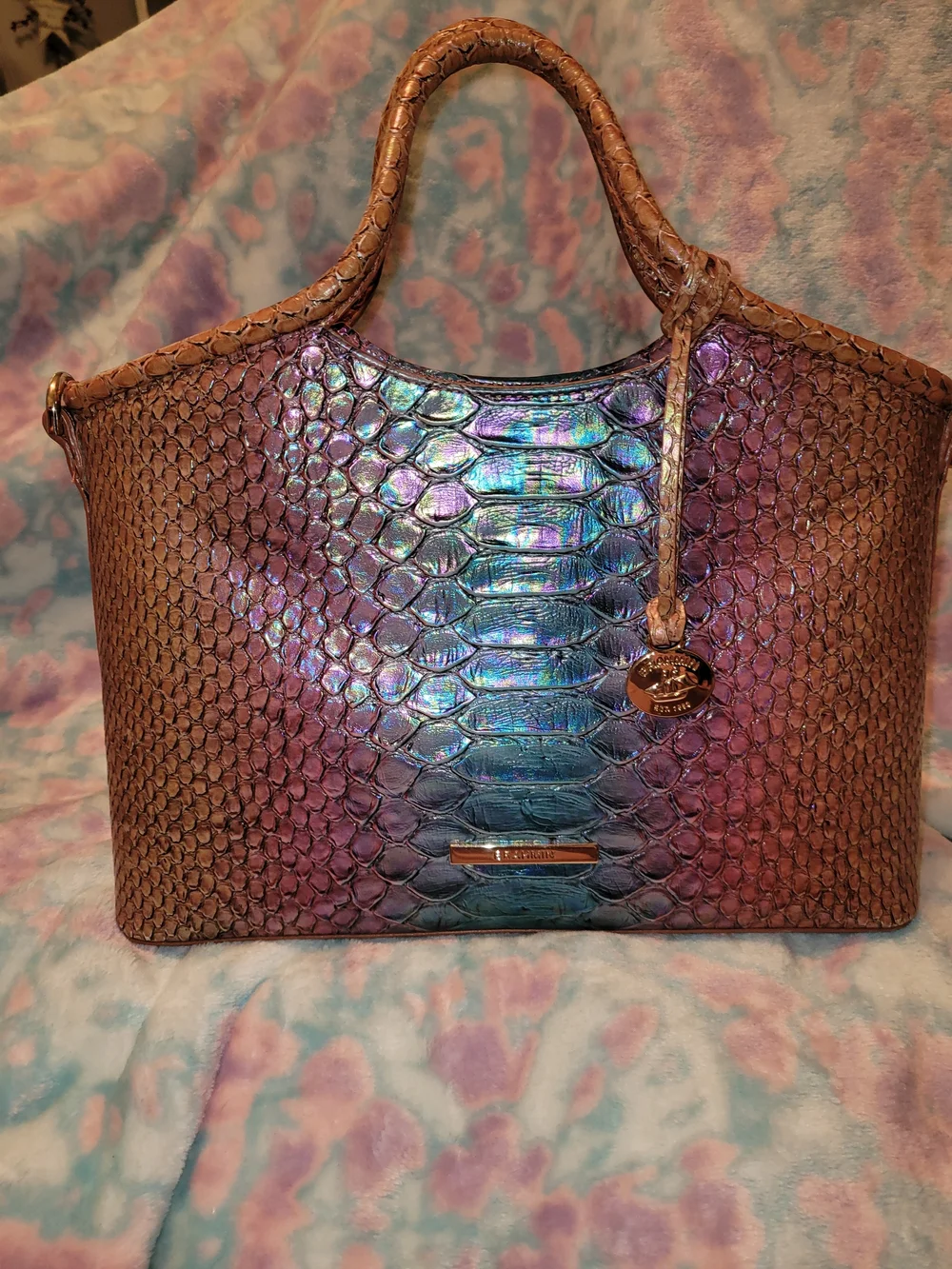 Iridescent Brown-Blue Textured Brahmin Tote - Picture 1 of 4